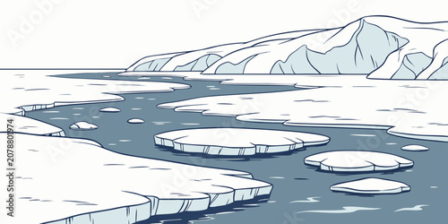 Canvastavla Arctic landscape featuring a flowing icy river with floating ice floes and snow-