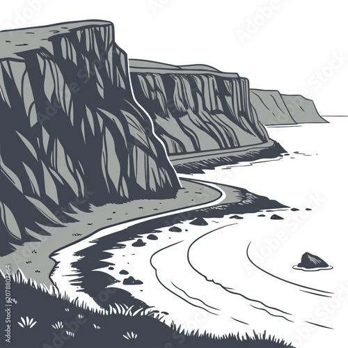 Foto A stylized of a rugged coastal cliff overlooking the sea, featuring rocky shores