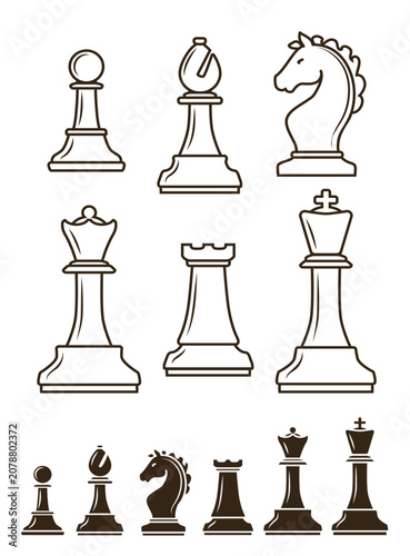 Chess piece set in black and white, pawn, bishop, knight, rook, queen, and king. Piece outlines, design style is simple and clean.