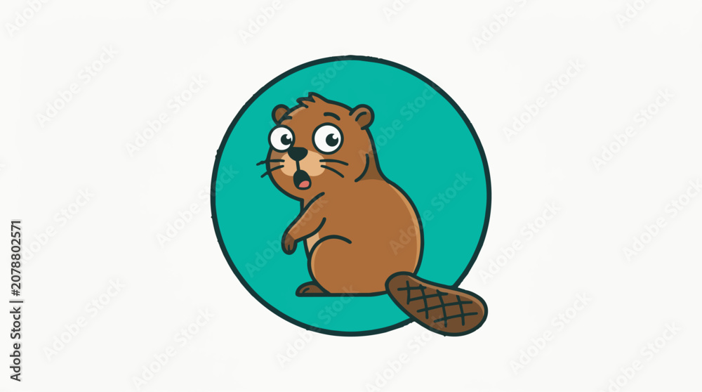 Obraz premium Cute cartoon beaver character looking surprised in a teal circle