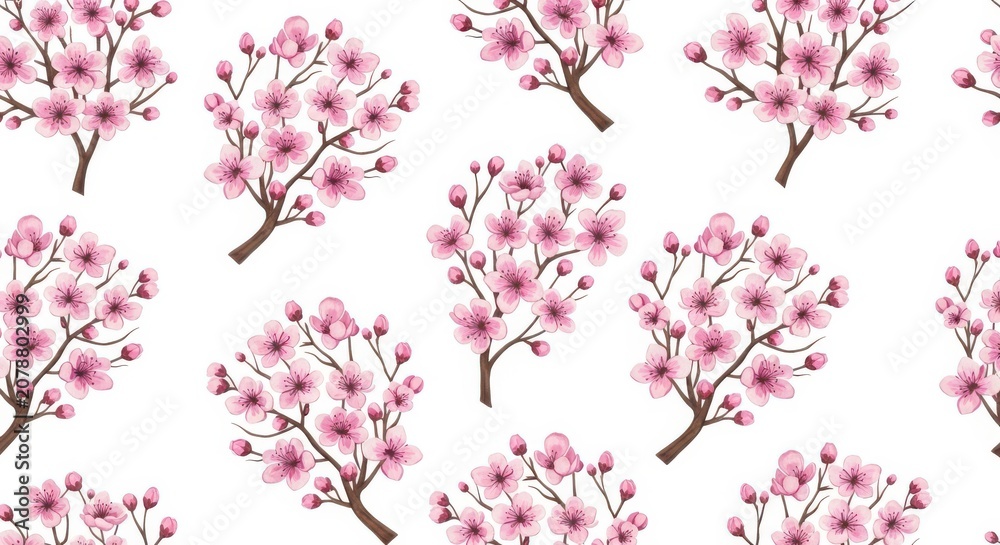 Fototapeta premium Pink Cherry Blossom Sakura in Spring Bloom on Branch Against Blue Sky in Japan, Nature Floral Garden with Blossoms, Petals and Buds in Full Beauty