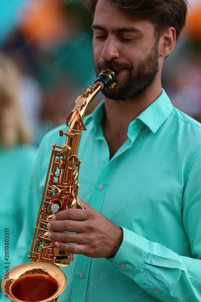 Fototapeta premium Bearded male saxophonist in turquoise shirt playing saxophone for music banner and performance background