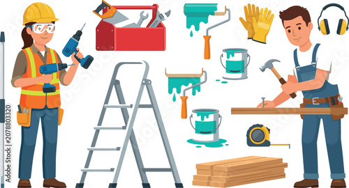 Konstfotografi Home Renovation and Construction Asset Collection Vector Featuring Male and Fema