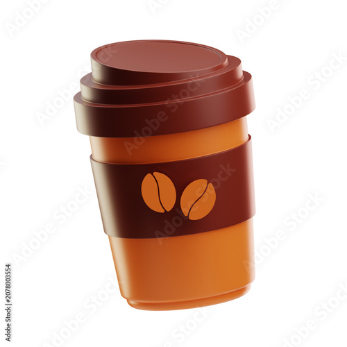 Orange takeaway coffee cup with a brown lid and sleeve featuring coffee bean icons, isolated on white background. Suitable for beverage and cafe themes.