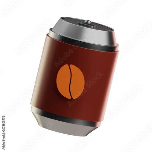 Metal coffee canister with a brown sleeve featuring a coffee bean logo, isolated on white background. Suitable for coffee storage and packaging design.