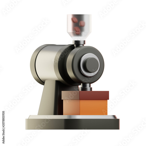 3D render of a coffee grinder with coffee beans in the hopper and a container below for ground coffee, shown on a white background.
