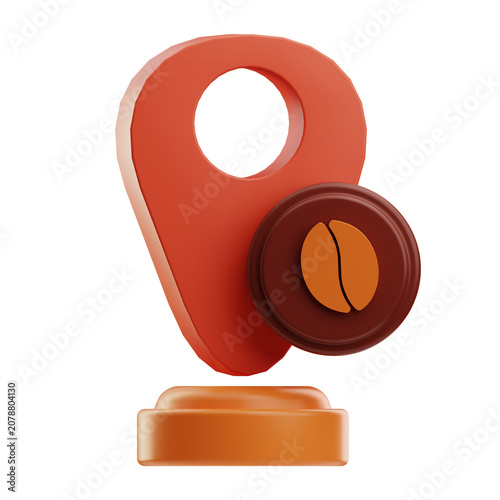 3D render of an orange location pin with a circular badge featuring a coffee bean icon, standing on a rounded base. Suitable for coffee shop or cafe location concepts.