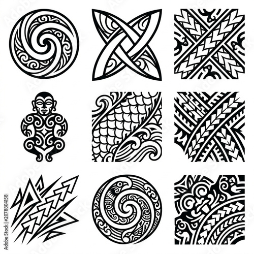 Cuadro en lienzo Collection of nine tribal tattoo designs and patterns.