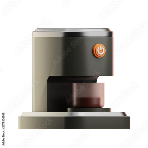 Small coffee maker with a cup placed on the warming plate and an orange power button on the front, shown on a white background.