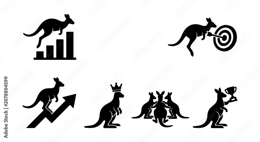 Fototapeta premium Kangaroo Icons Set: Growth, Success, Teamwork, Achievement, Business Concepts