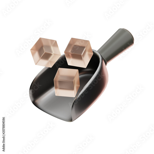 Metal scoop with a black handle holding three transparent ice cubes floating above it on a white background.