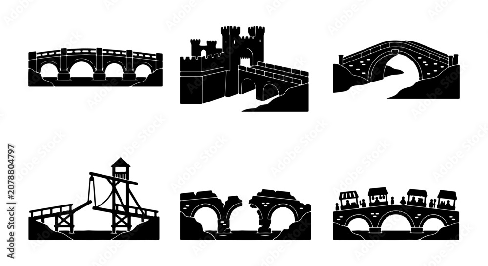 Fototapeta premium Diverse Bridge Silhouettes Collection, Architectural Styles, Engineering Marvels, Vector Art