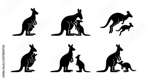 Принти на полотні Kangaroo Family Silhouettes, Mother and Joey Poses, Australian Wildlife Vector I