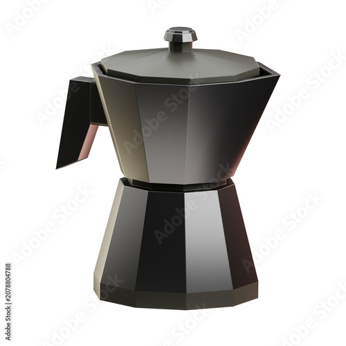 Black stovetop espresso maker with angular design and handle, isolated on white background. Suitable for coffee brewing and kitchen use.