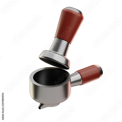Metal coffee tamper with a brown handle positioned above a metal portafilter with a matching brown handle on a white background.