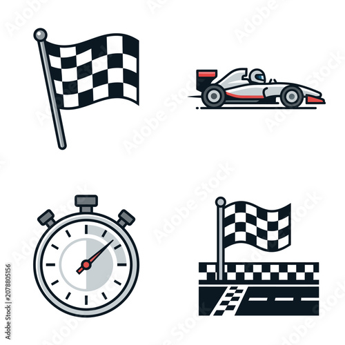Racing Theme Icons with Checkered Flag and Race Car.