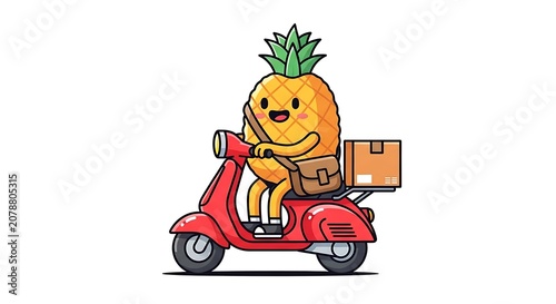 Happy cartoon elf driving red scooter.