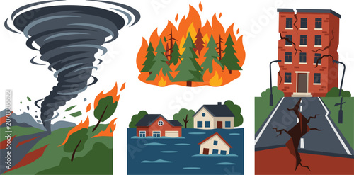 Принти на полотні Natural disasters concept set with tornado destroying trees, forest wildfire, ho