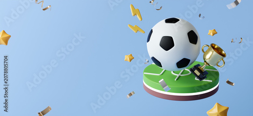 3D render soccer ball and gold trophy on green pitch for football championship
