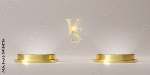 3D rendering of Versus concept with golden VS text and empty podiums on beige background