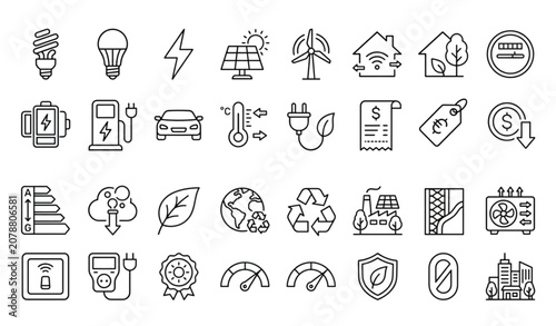 Energy Efficiency Outline Icon Set with Energy Saving Light Bulb Sustainable Home Electricity and Cost Reduction Symbols