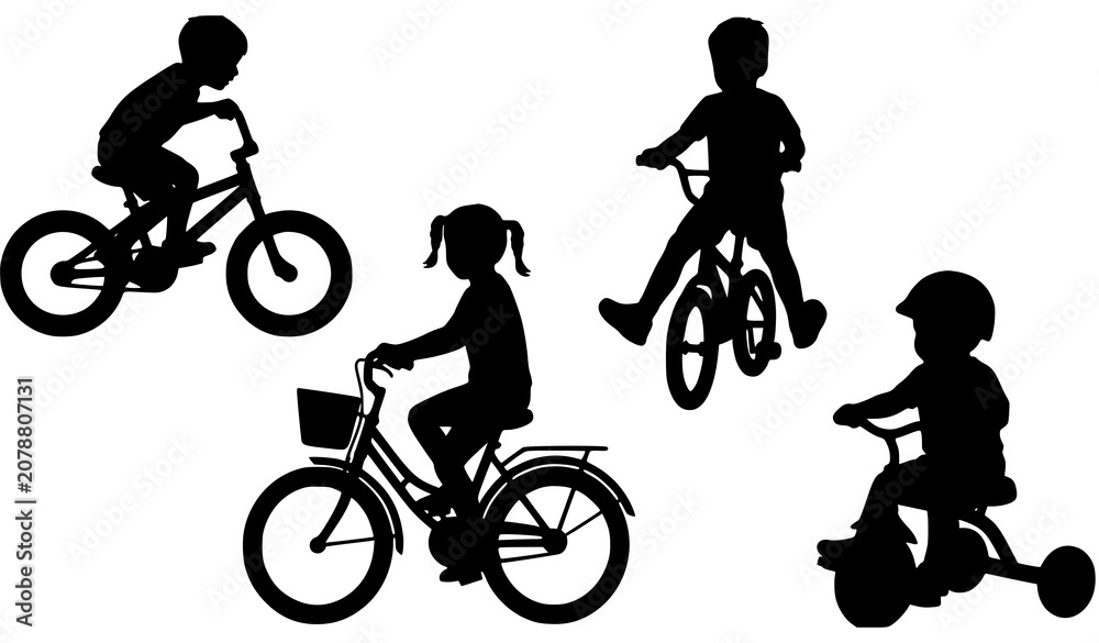 Obraz premium Children Riding Bicycles and Tricycles Silhouette Icon Set Representing Active Childhood Play Kids Outdoor Sports and Healthy Lifestyle Graphic Designs