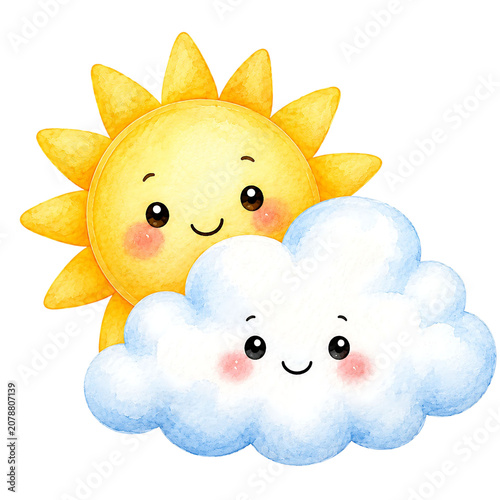 Cute Watercolor Sun Behind Cloud Cartoon Weather Clipart