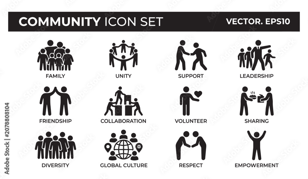 Fototapeta premium Community Icon Set Vector Black and White Isolated on White Background