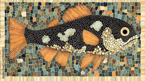 A mosaic carp with orange fins and black body against a pebble background tones!