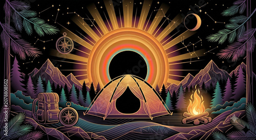 Camping, outdoor adventure, vector illustration, nighttime scene, colorful mountains