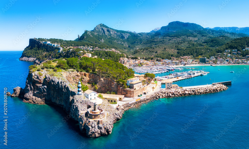 Obraz premium Panorama of city in Mallorca - Port de Soller with nice beach, Spain