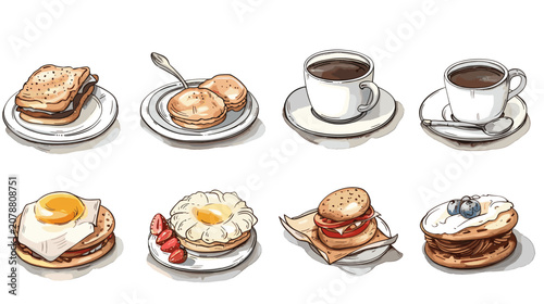 Quadro su tela Assorted Breakfast Foods Including Fried Eggs Toast Coffee and Pastries on White