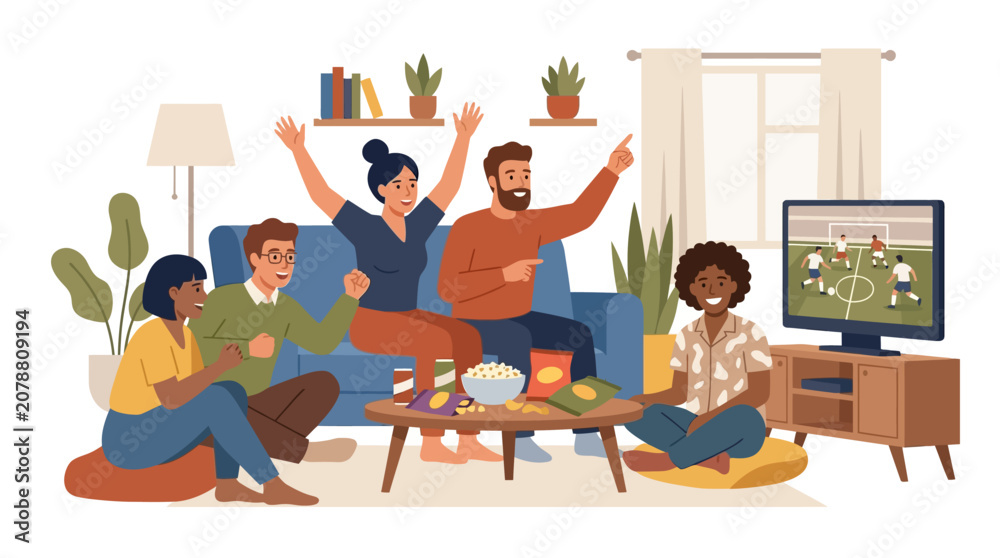 Fototapeta premium Diverse group of friends watching soccer match and cheering during a home watch party flat design vector illustration