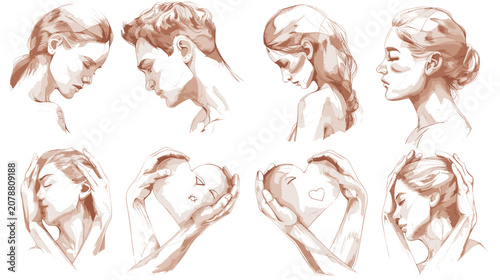 Fotografie Collection of Sepia Toned Portrait Studies of Human Faces and Figures Showing Em