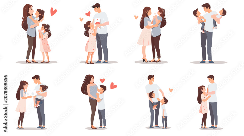 Obraz premium Diverse Family Pairs Embrace With Love Hearts On White Background
