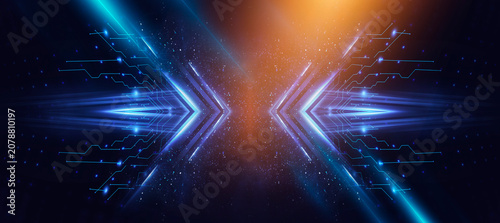 Futuristic Blue Circuit Arrows with Orange Light Energy, Digital Technology Background