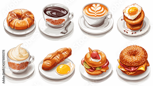 Quadro su tela Pixel Art Breakfast Foods Featuring Coffee Bagels Pastries and Fried Eggs Agains