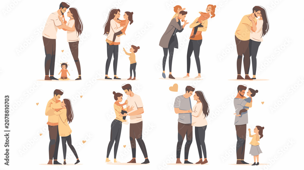 Obraz premium Pixel Art Couples Embracing and Holding Children With Hearts on White Background