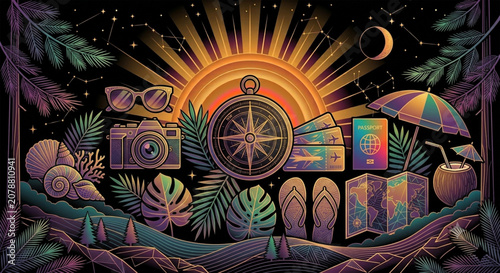 Vibrant travel icons, colorful tropical getaway elements, sunset illustrations, vector tourism symbols