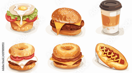 Foto Pixel Art Fast Food Breakfast and Lunch Assortment With Coffee Cup And Hot Dog