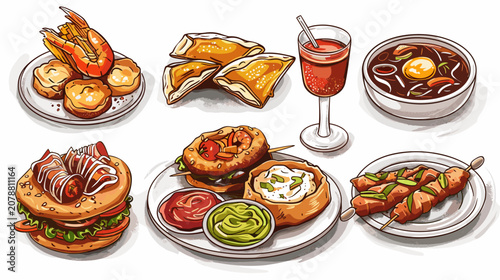 Fotografía Pixel Art Food Collection Featuring Diverse Dishes Like Burgers Soup And Skewers