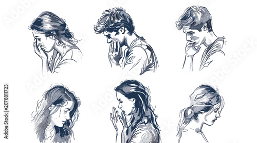 Cuadro en lienzo Six Distressed Women Portraits in Dark Blue Sketch Style on White Background Iso