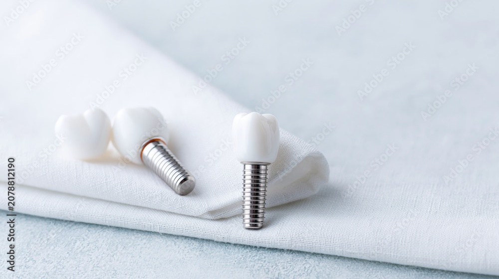 Fototapeta premium Dental implants on white fabric background