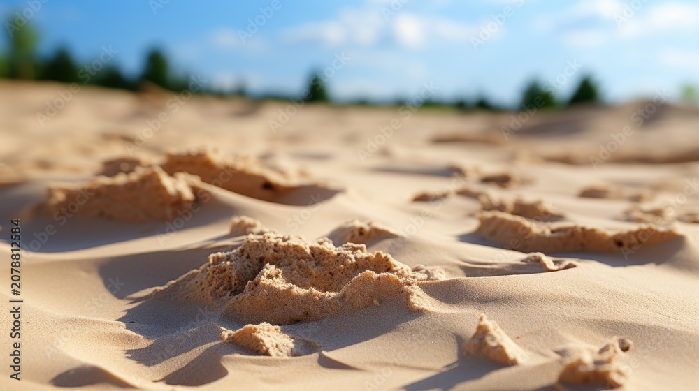 Obraz premium A close-up view of sand dunes with trees in the background under a blue sky