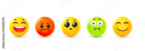 Canvastavla 3d emoji icons set, realistic shine emoticon vector collection with various facial expressions