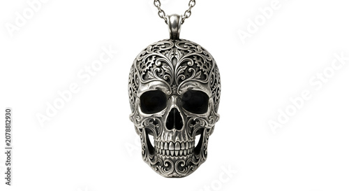 Canvastavla Ornate silver skull pendant on black background