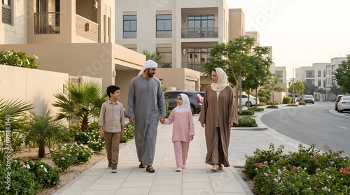 Arab family walking in a modern residential neighborhood