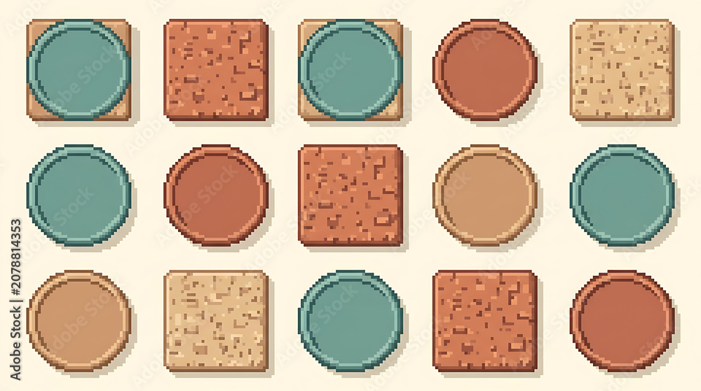 Fototapeta premium Pixel style grid of square and circular tiles with textured stone and solid colored surfaces