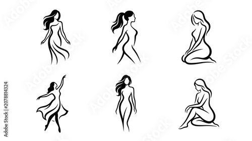 Graceful woman silhouettes in various poses with flowing lines