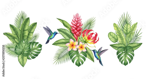 Εκτύπωση καμβά Tropical leaves, colorful flowers, hummingbirds, jungle foliage, exotic plants,